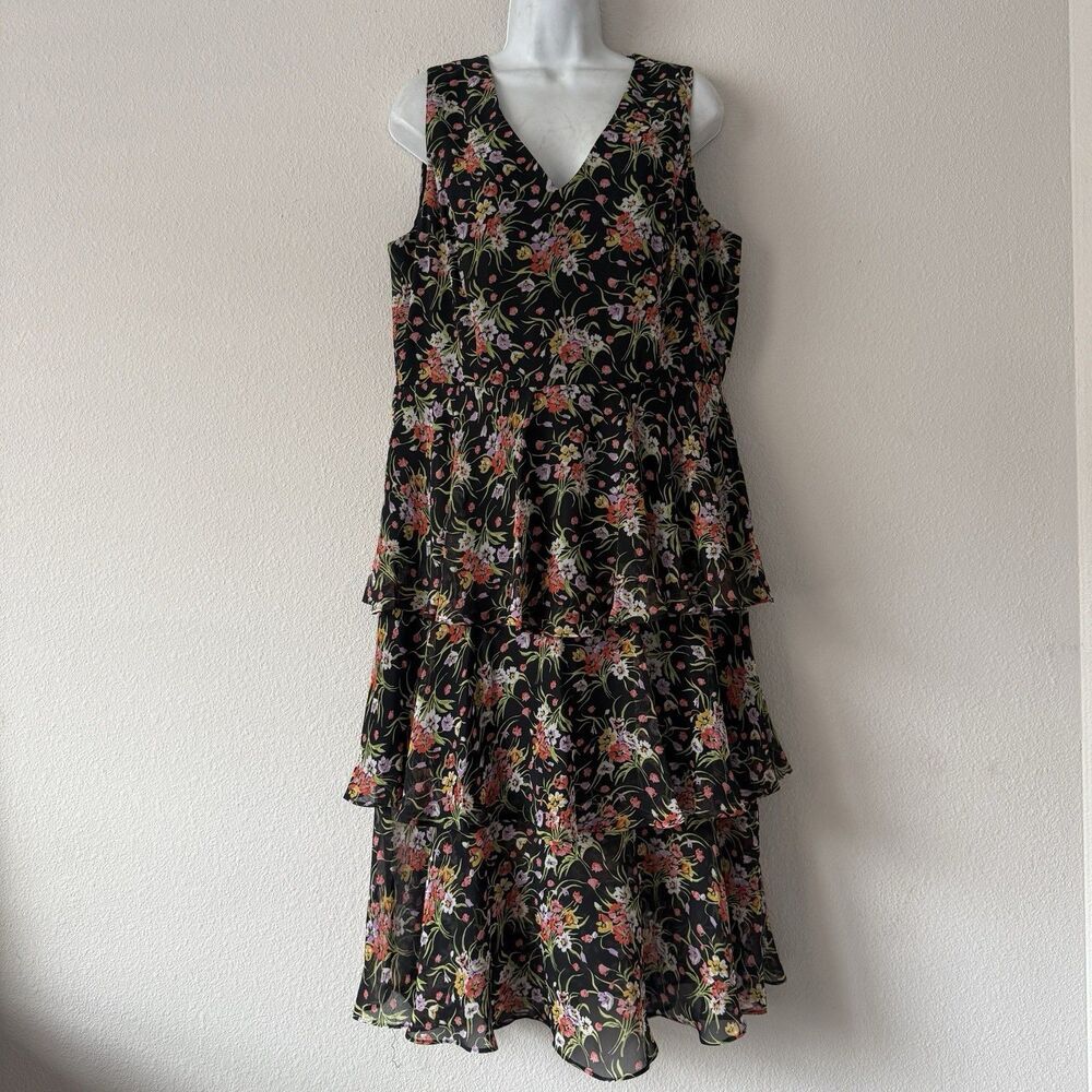 Nine West Women’s Tiered Dress Size 12 Black Floral Midi Sleeveless V-Neck Glam